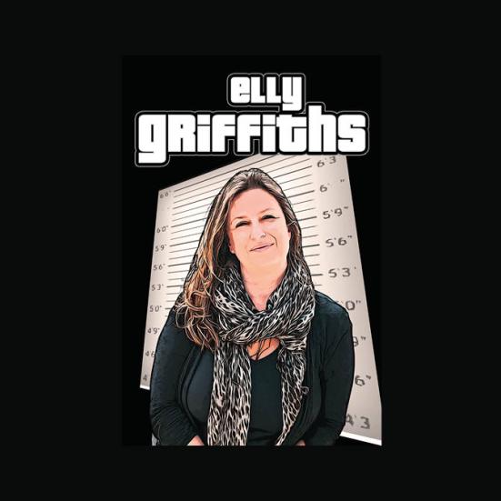 Cartoon-manipuleret foto af Elly Griffiths. Originalfoto lånt fra ellygriffiths.co.uk