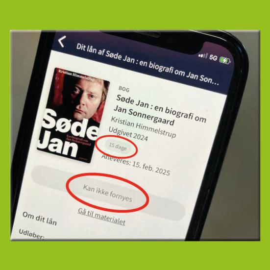 Foto af profil på biblioteksappen med teksten "Kan ikke fornyes" og "15 dage til aflevering"