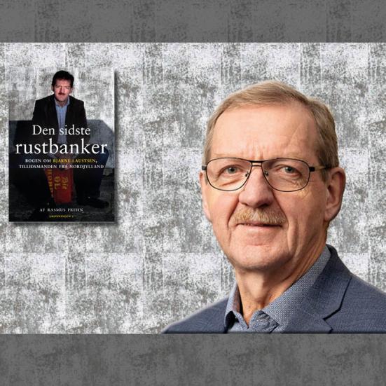 Portræt af Bjarne Laustsen og forsiden af bogen 