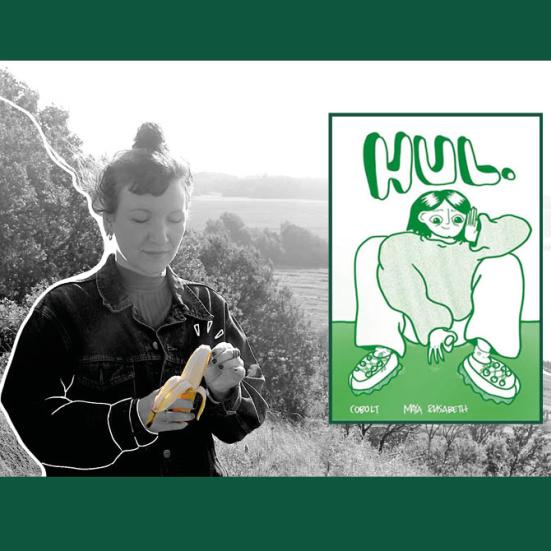 Portræt af Maya Elisabeth og forsiden af "Hul"