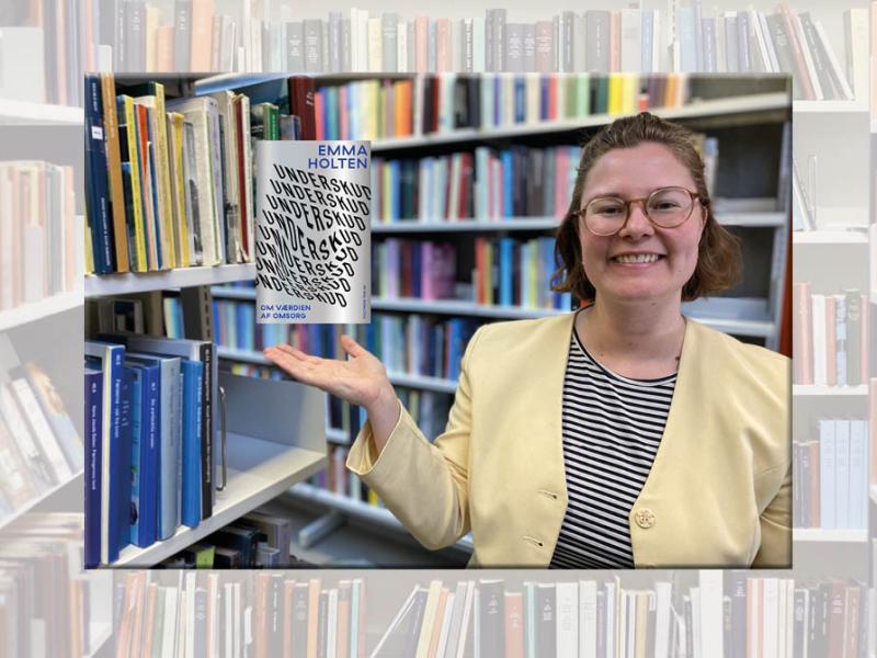 Portræt af Line og forsiden af bogen "Underskud" af Emma Holten