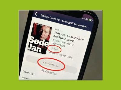 Foto af profil på biblioteksappen med teksten "Kan ikke fornyes" og "15 dage til aflevering"