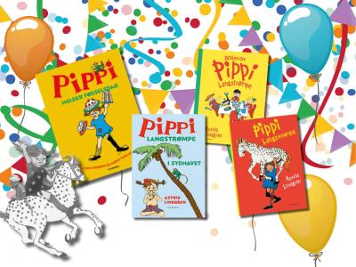 Pippi-bøger fra forlaget Gyldendal på baggrundsfoto fra Colourbox.dk 