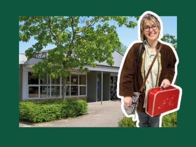 Anne Cathrine Hulthin med Terndrup Bibliotek i baggrunden
