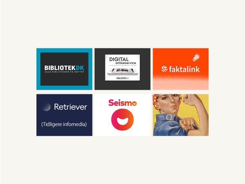 Fotocollage med logos fra Bibliotek.dk, Digital Artikelservice, Faktalink, Retriever, Seismo og Womens International Studies