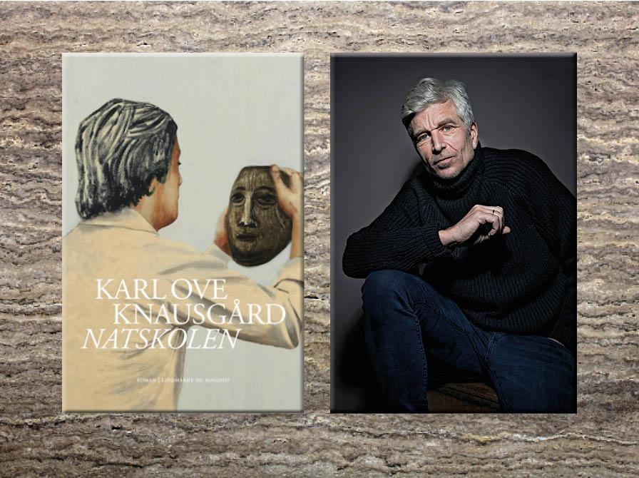 Forsiden af "Natskolen" og portræt af Knausgaard. Fotograf: Nina Rangøy