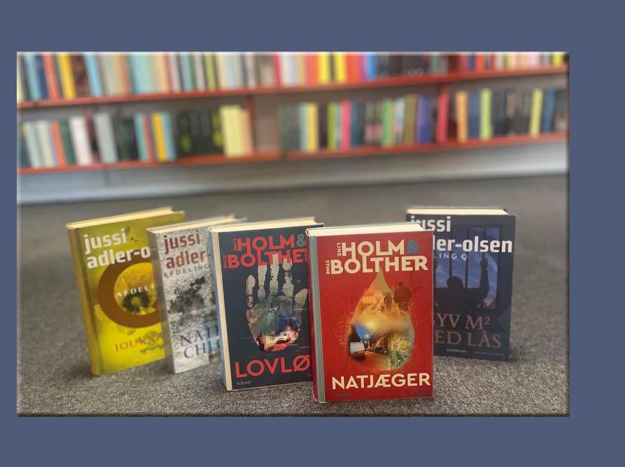 Et udvalg af bøger af Jussi Adler-Olsen, og Line Holm & Stina Bolther