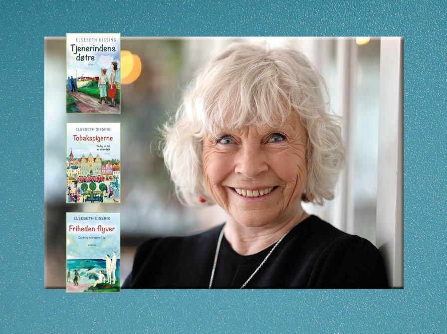 Portræt af Elsebeth Dissing (fotograf Betina Fleron) samt forsider af de tre bøger