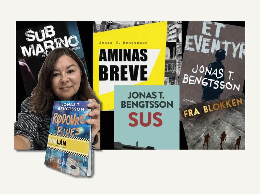 Heidi med bogen "Rødovre Blues" på en baggrund af Jonas T. Bengtssons bøger