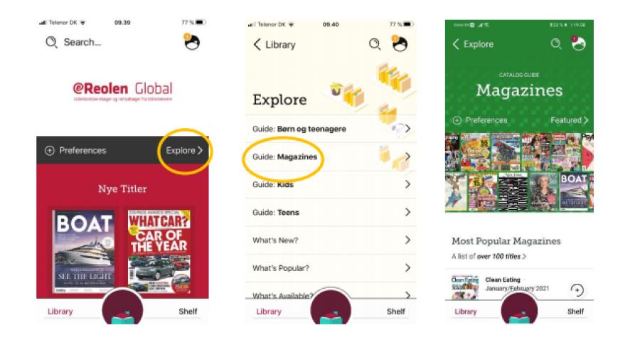Foto af eReolen Global i app'en Libby, med fremhævet menupunkt "Explore" og "Guide: magazines"